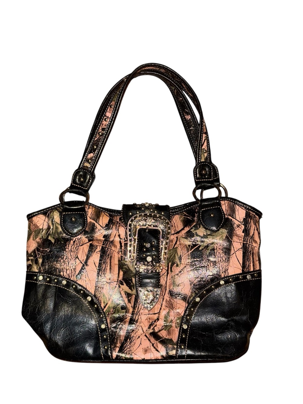Pink camo studded & rhinestone shoulder bag